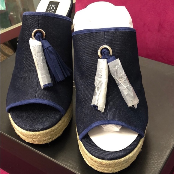 Jones New York Shoes - Two Tassel Indigo Denim Wedged Slides, 9.5